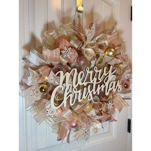 Christmas Snowflake Holiday Ribbon Door Wreath Handmade 22 ins LED W43 Gold - Picture 4 of 12